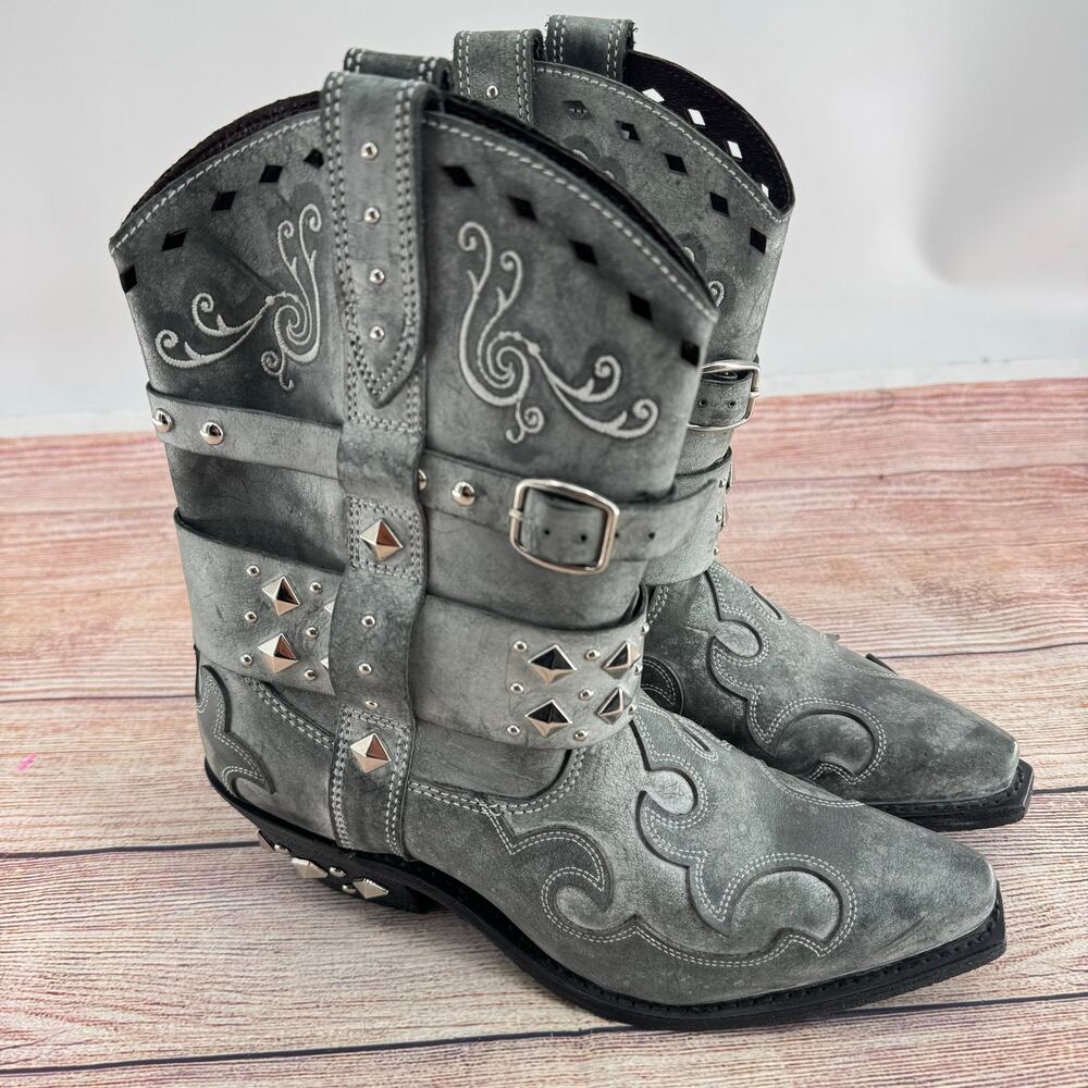 Rockin Country Studded Boots Sz 7M Gray Leather Western Buckle Distressed